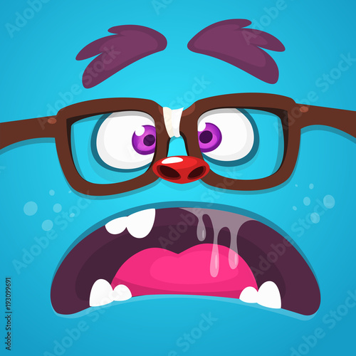 Angry Cartoon Monster Face With Eyeglasses yelling or talking. Vector Halloween monster square avatar