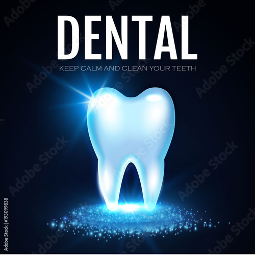 Shining Helthy Tooth with Lights. Fresh Stomatology Design Template. Dental Health Concept. Oral Care.