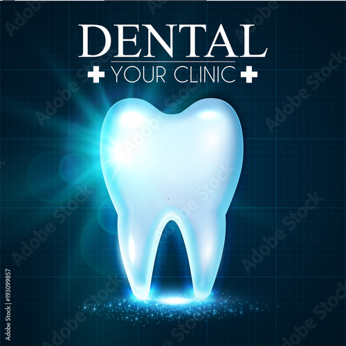 Shining Helthy Tooth with Lights. Fresh Stomatology Design Template. Dental Health Concept. Oral Care.