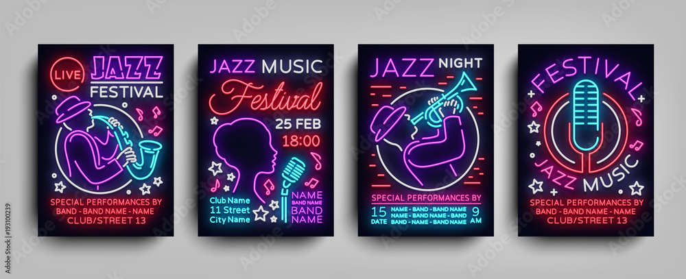 Jazz Festival posters Neon Collection. Neon sign, Neon style brochure,  Design invitation template for Jazz music festival, Light Banner, Nightly  advertisement of festival, party. Vector illustration Stock Vector | Adobe  Stock