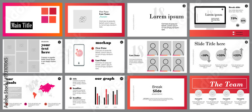 Red and orange presentation template elements on white background. Vector infographics. Design elements and layout for portfolio, corporate, leaflet, flyer, brochures, magazine. Slides structure