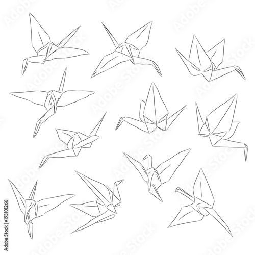 Japanese Origami paper cranes set, symbol of happiness, luck and longevity, sketch. black line contour on white background. Vector