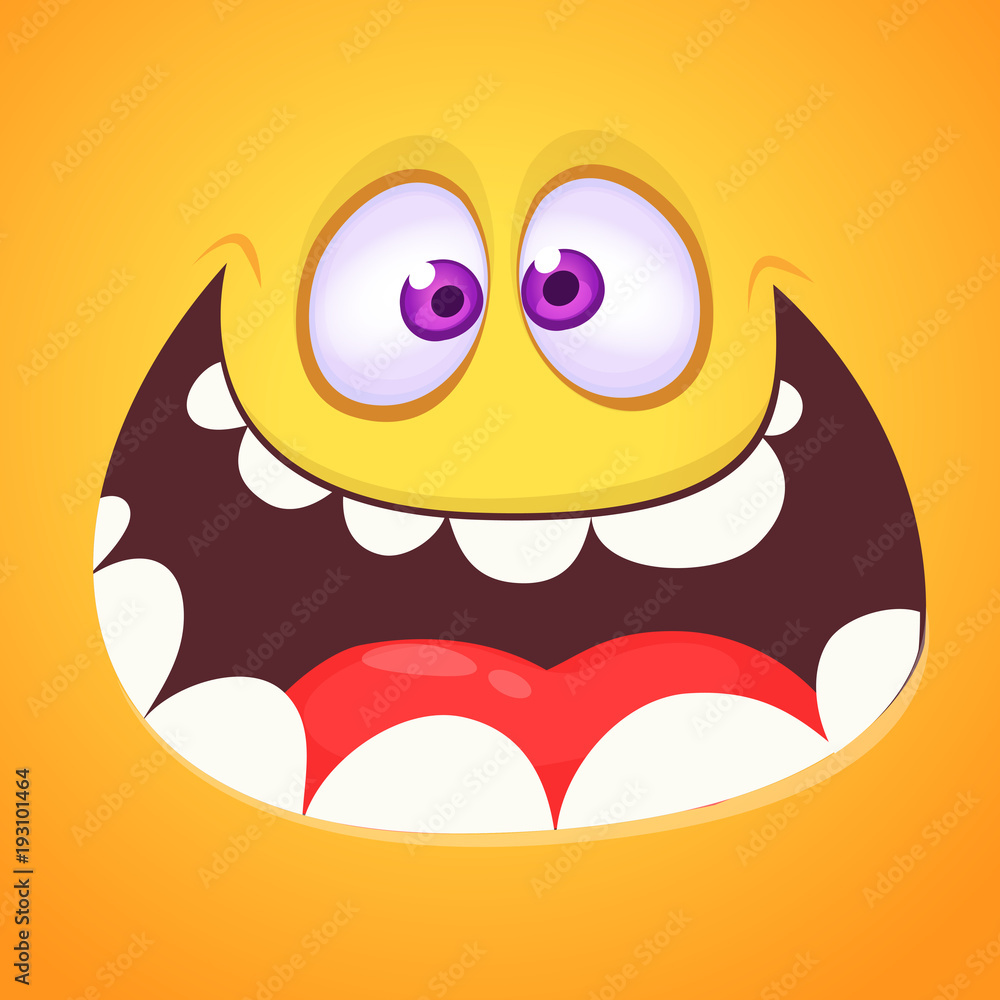 Cool crazy cartoon monster face. Vector Halloween orange monster with wide mouth smiling. Cool crazy cartoon monster face. Vector Halloween orange monster with wide mouth smiling.