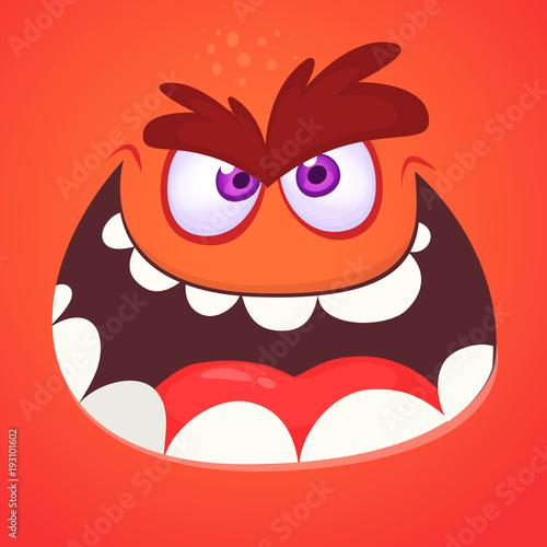 Angry cartoon monster face. Vector Halloween orange monster talking or screaming