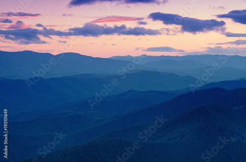 Carpathian mountains summer sunset landscape with dramatic pink sky, natural background