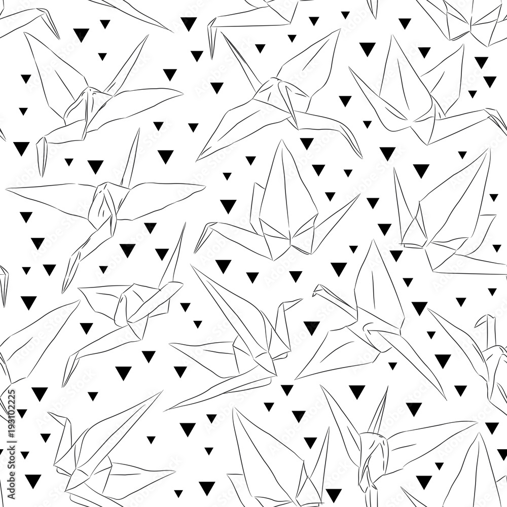 Japanese Origami paper cranes sketch, symbol of happiness, luck