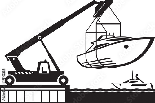 Crane launching yacht in water  - vector illustration