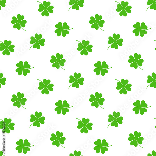 Hand drawn seamless vector pattern with four leaf clovers on a white background. Design concept for Saint Patrick's day celebration, kids textile print, wallpaper, wrapping paper.