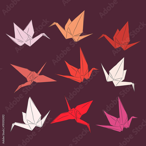 Japanese Origami paper cranes set orange red white pink, symbol of happiness, luck and longevity, sketch. black line contour on orange red brown background. Vector