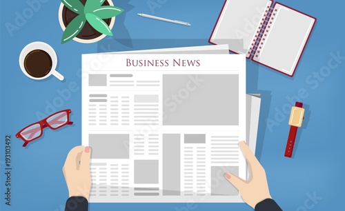 Person reading periodical or printing press with business, economic or financial news. Man sitting at table or desk and holding newspaper in his hands. Top view. Colorful flat vector illustration.