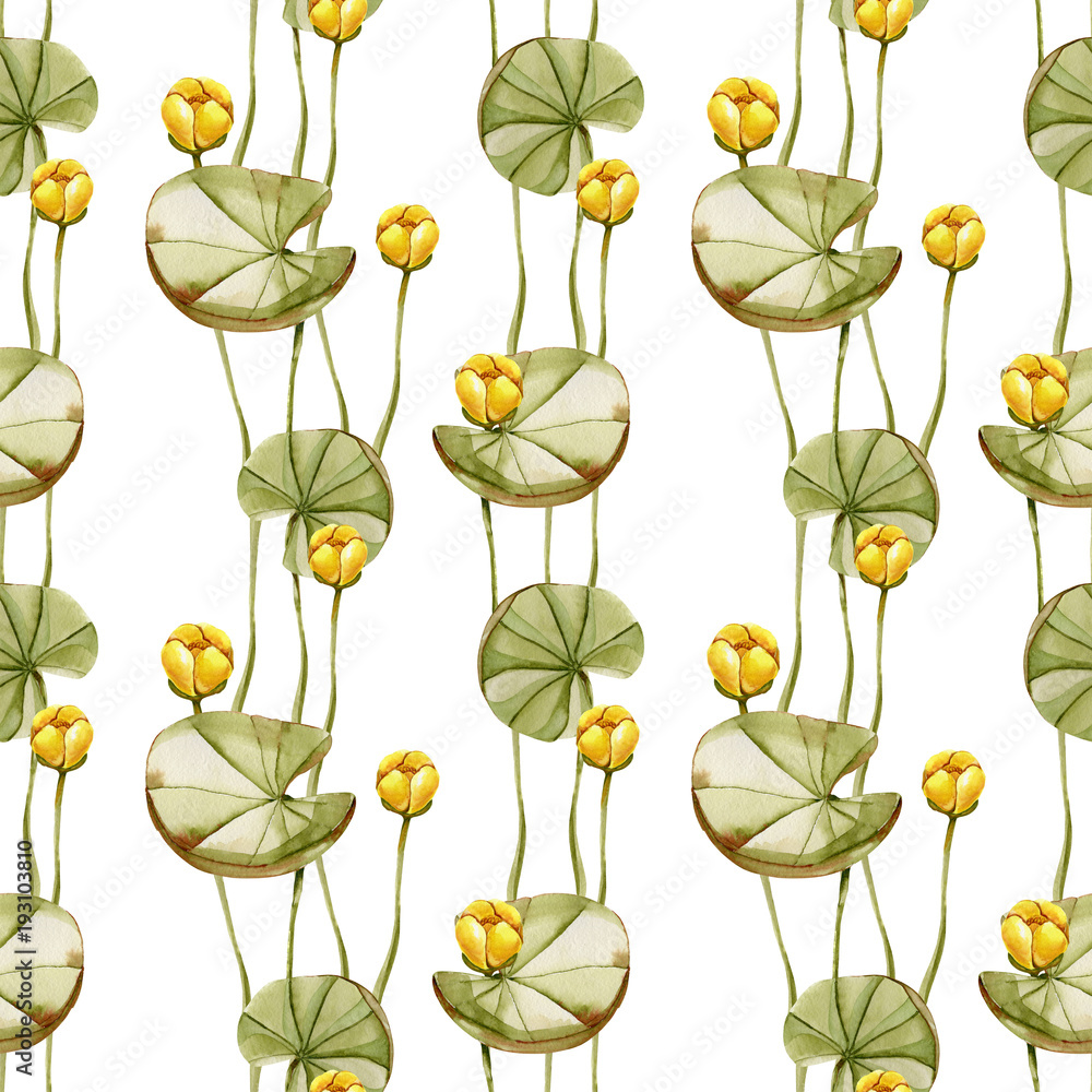 Watercolor yellow water lily seamless pattern, hand painted on a white background