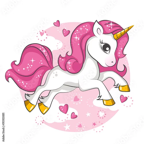 Obraz Śliczny różowy magiczny jednorożec. Wektorowy projekt na białym tle. Nadruk na koszulkę. Romantyczna ręka rysunek ilustracja dla dzieci.
