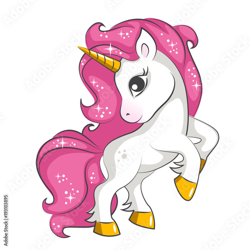 Cute little pink  magical unicorn. Vector design on white background. Print for t-shirt. Romantic hand drawing illustration for children.
