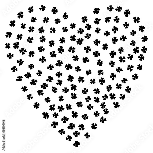 Heart of Clovers Black on a White Background. St Patricks Day Vector Illustration Hand Drawn. Savoyar Doodle Style.