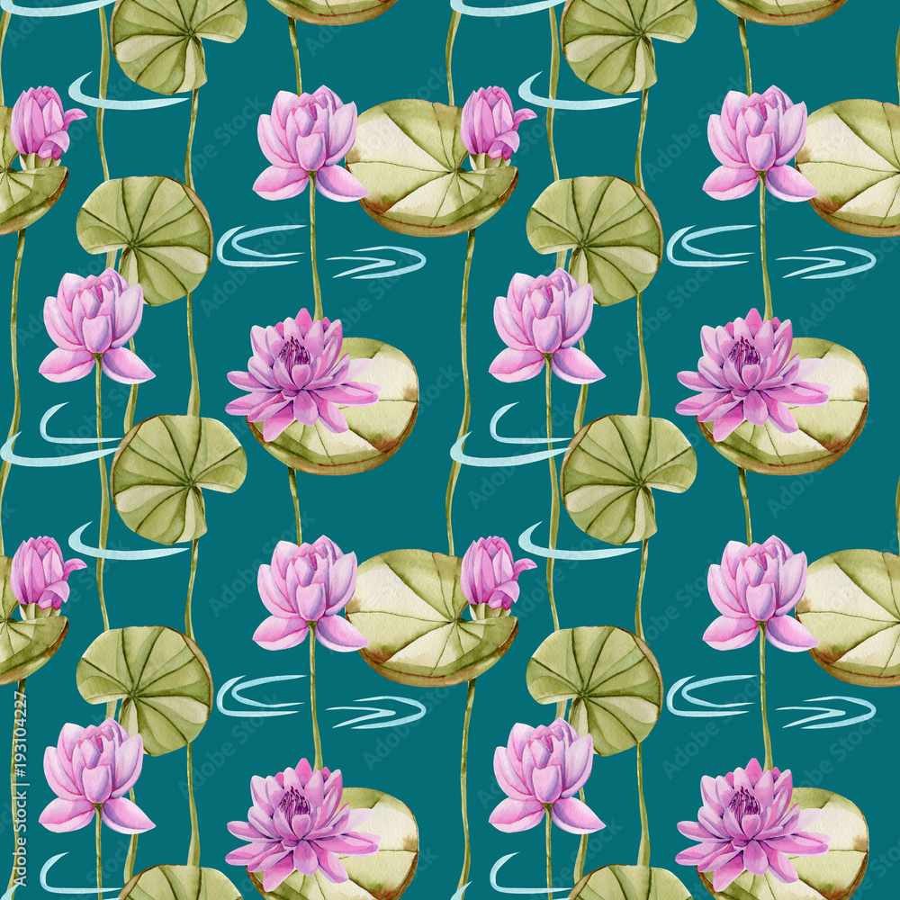 Obraz premium Watercolor pink lotus seamless pattern, hand painted on a dark green background