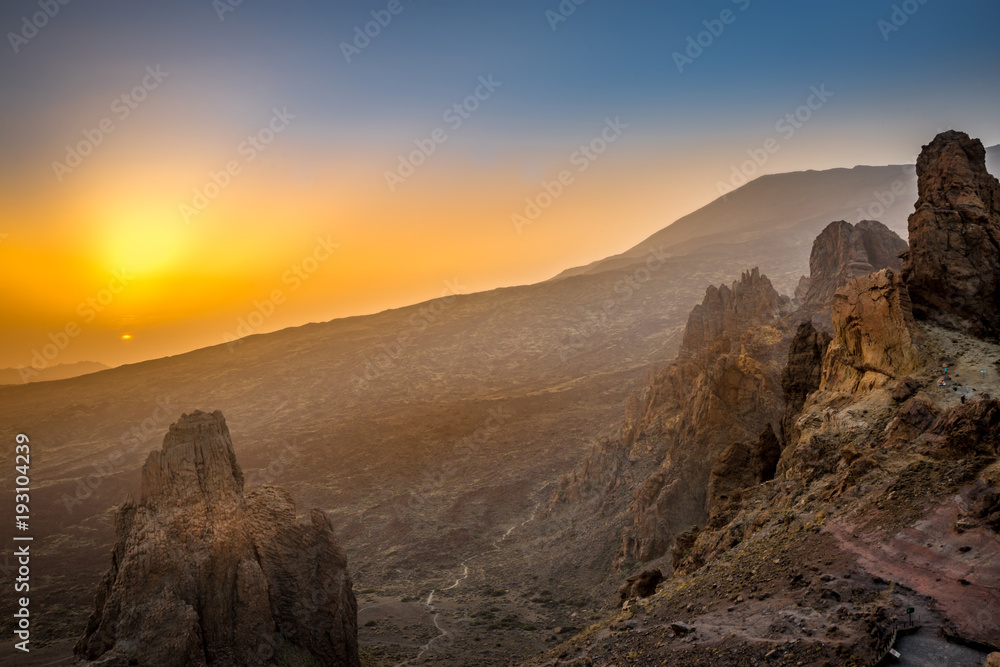 Aerial View of Landscape with Rocks in Teide National Park during Sunset, Tenerife, Spain, Europe