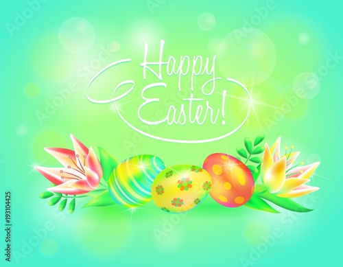 Festive 3d vector ground. Happy Easter. Easter eggs and flower in sparkling background. Design for paschal banner, greeting card, ad, promotion, poster, flier, blog, social media.