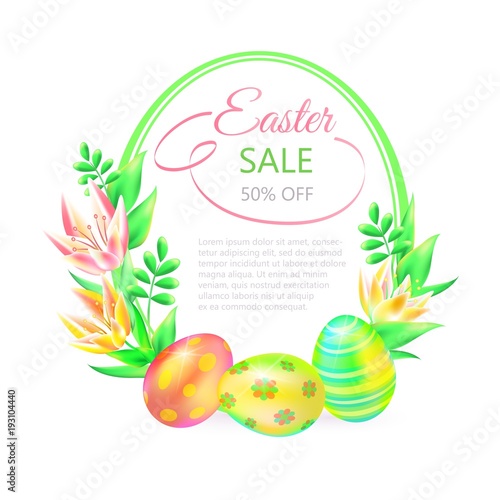 Festive 3d vector ground. Easter sale. Easter eggs and flower in white background. Frame and space for text. Design for paschal banner, greeting card, ad, promotion, poster, flier, blog, social media.