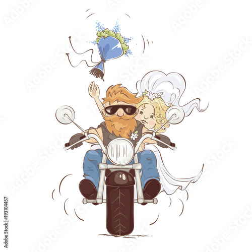 Wedding bikers / Vector illustration, postcard -- just married on a motorcycle, the bride throws a bouquet