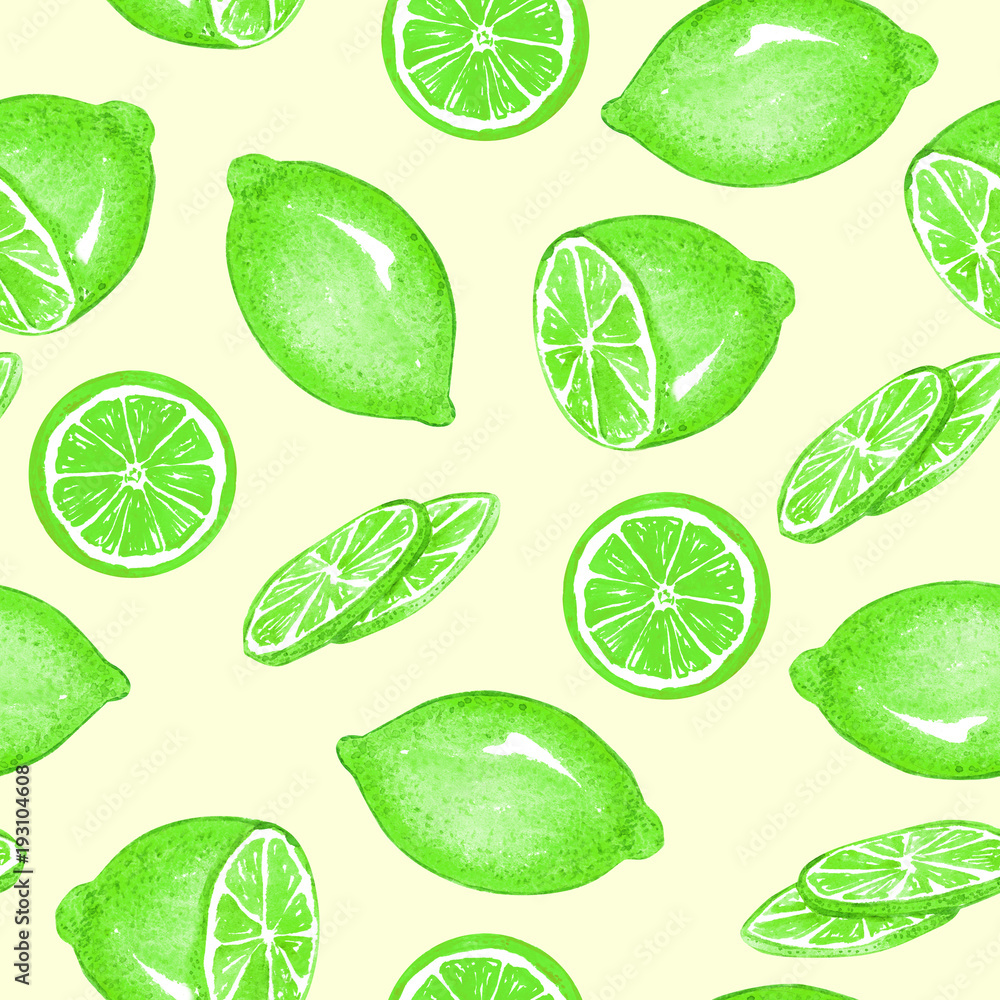Lemon or lime fruits and slices, seamless pattern design, hand painted watercolor illustration, soft yellow background