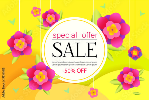 Sale Banner with flowers. Big Sale special offer Poster. For website, online market, store. © OliaGraphics