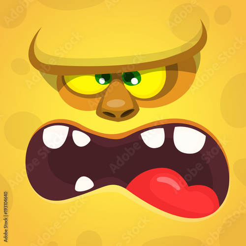 Cool Cartoon Yellow Monster Face With big mouth. Vector Halloween illustration of scary zombie monster character talking