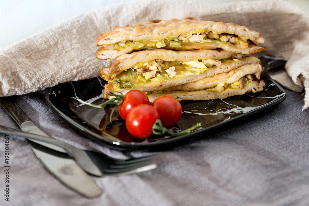 Sandwich with chicken, cheese and golden French fries potatoes Sandwich with chicken, cheese and golden French fries potatoes