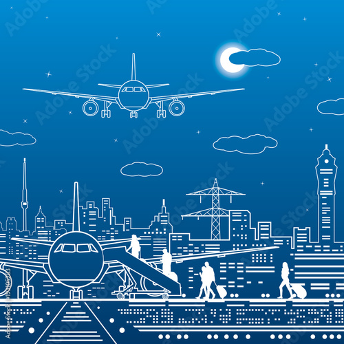 Airport illustration. Passengers go to the airplane. Aviation travel transportation infrastructure. The plane is on the runway. Night city on background, vector design art
