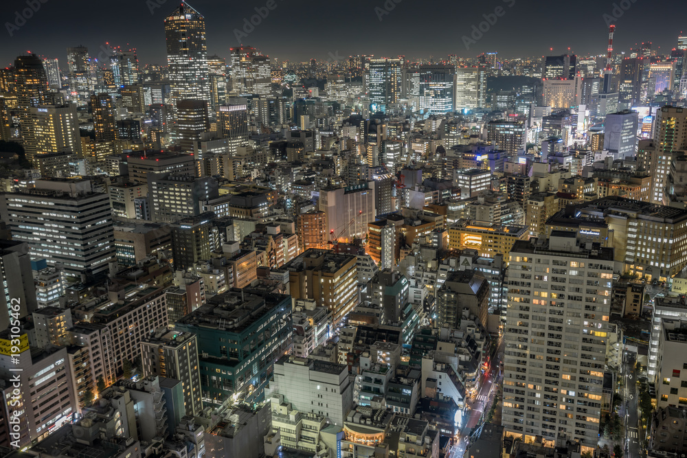 Tokyo skyline cityscape aerial night view. Hamamatsucho district, Minato Ward.