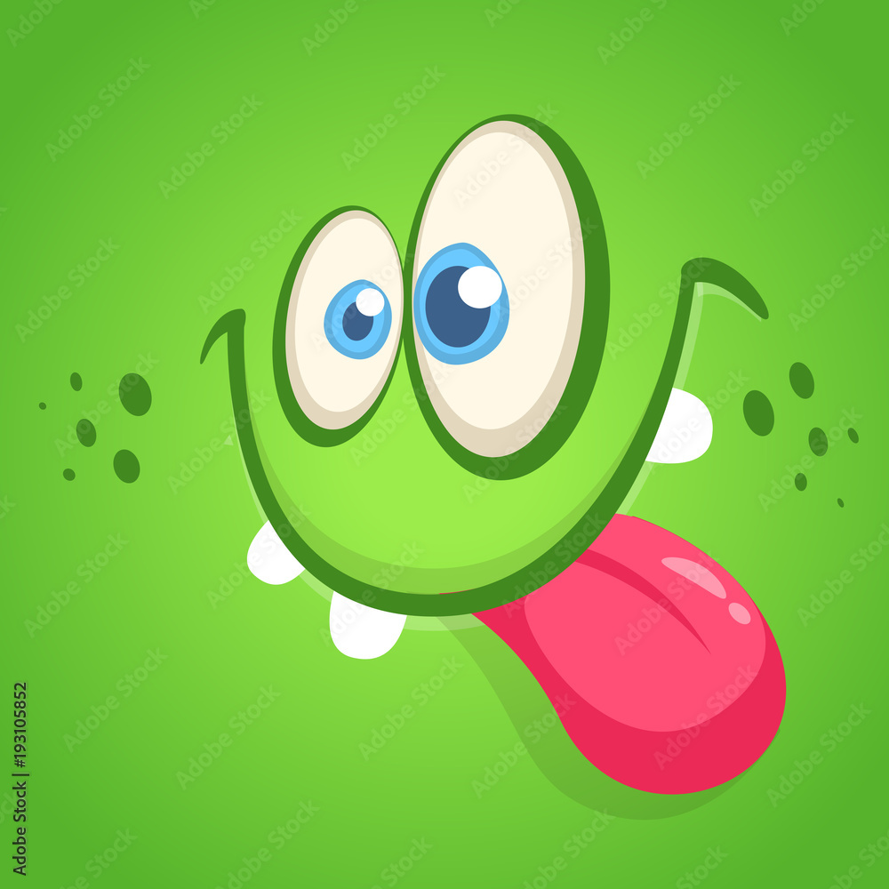 Funny cartoon monster face showing tongue. Vector Halloween green silly  monster avatar Stock Vector | Adobe Stock