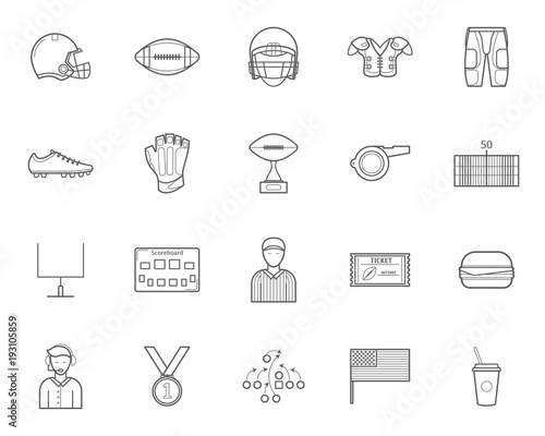 American Football Signs Black Thin Line Icon Set. Vector