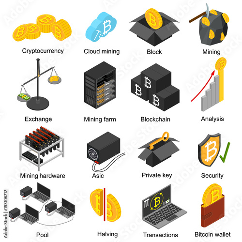 Cryptocurrency Mining Blockchain 3d Icons Set Isometric View. Vector