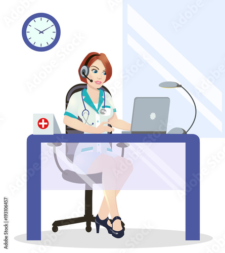 Medical call center operator at work. isolated on white background. Emergency concept with medical helpline operator wearing headset sitting at table and consulting people, vector