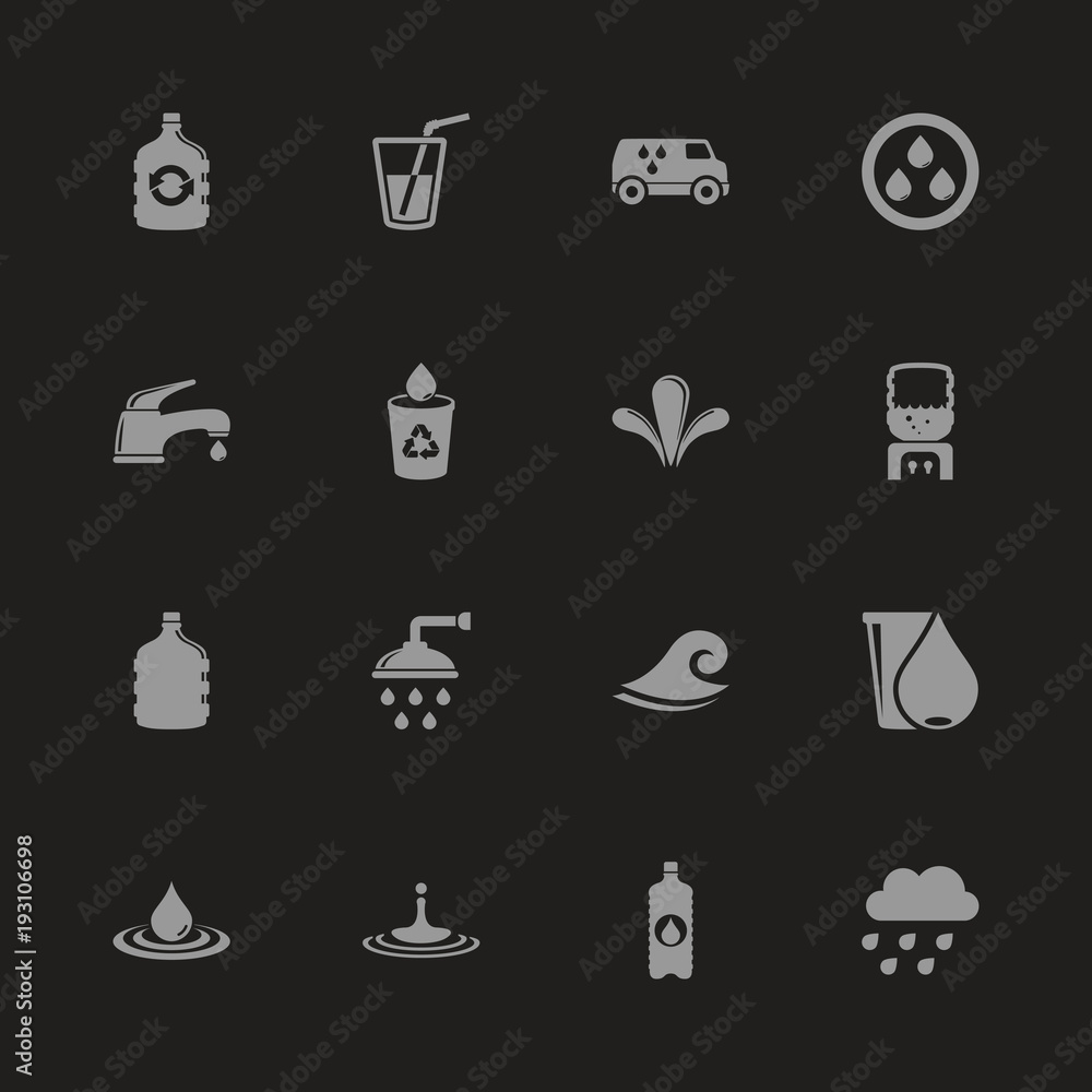 Water icons - Gray symbol on black background. Simple illustration. Flat Vector Icon.