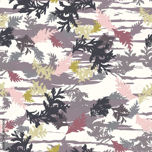 Botanical vector seamless pattern with thuja branches and twigs and abstrac brush stokes background.