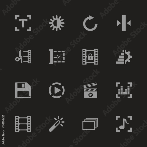 Video Editing icons - Gray symbol on black background. Simple illustration. Flat Vector Icon.