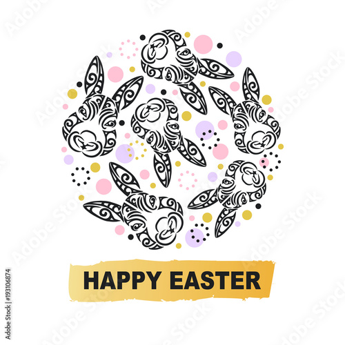 Circle concept with Bunny head. Vector design element for Happy Easter Day  party invitation  greeting card  web  postcard  girl or boy birthday  tattoo studio. Rabbit head stylized Maori face tattoo.