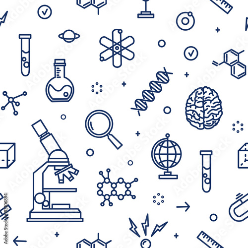 Seamless pattern with laboratory equipment, attributes of science, scientific experiment, research drawn with contour lines on white background. Monochrome vector illustration in line art style.