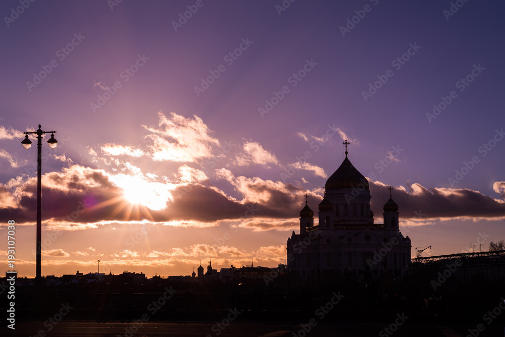 Sunset over the Moscow Kremlin and river in Russia