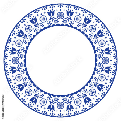 Folk art round ornamental frame, Scandinavian vector design in circle, floral composition