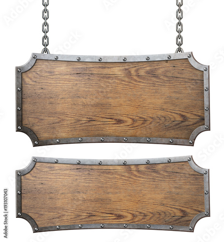 Medieval wood signs set with chain 3d illustration