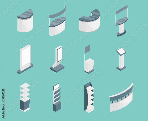 Exhibition Stands 3d Icons Set Isometric View. Vector