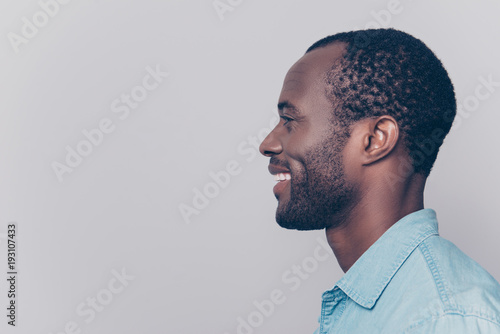 Foto Profile, side view portrait with copy space, empty place for product of virile,