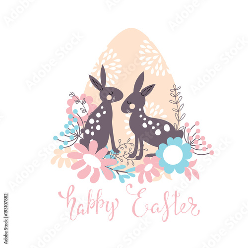 Easter background with rabbits and flowers