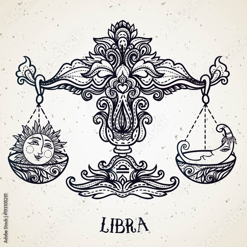 Zodiac sign of Libra or Scales. Line art vector illustration of engraved horoscope symbol. Doodle mystic drawing and hand drawn astrology sketch with calligraphy lettering