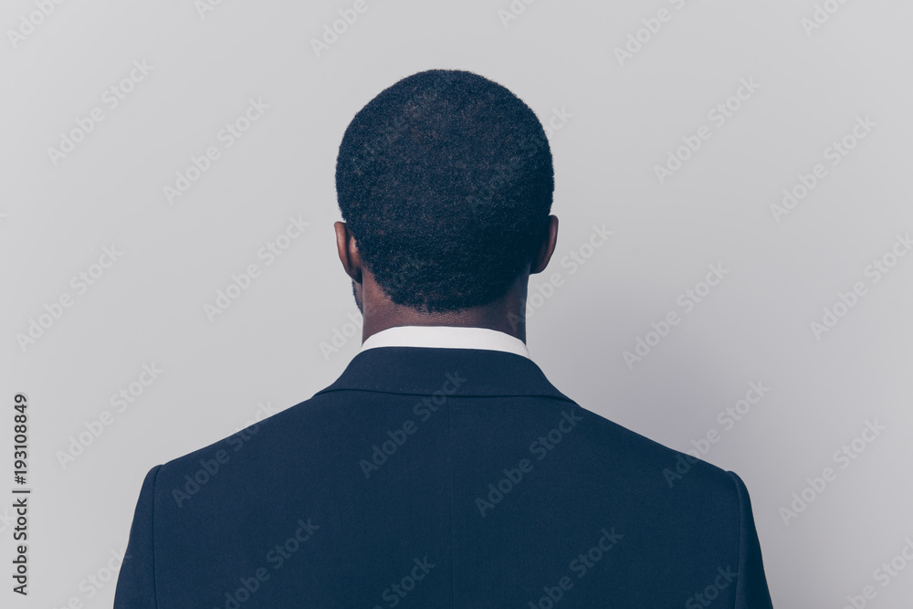 Rear, back side view portrait, snap shot of attractive, trendy man with modern haircut, hair care concept, isolated on grey background, wearing tux, tuxedo Rear, back side view portrait, snap shot of attractive, trendy man with modern haircut, hair care concept, isolated on grey background, wearing tux, tuxedo