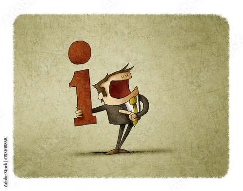 man with the information symbol in one hand while shouting and pointing