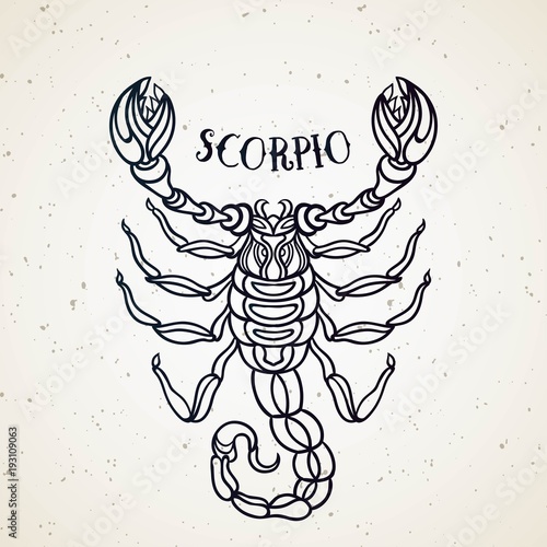 Beautiful line art filigree zodiac symbol. Black sign on vintage background. Vector clipart.Elegant jewelry tattoo. Scorpio
