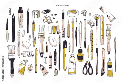 Collection of hand drawn stationery or writing utensils. Set of office and art supplies isolated on white background - brush, pen, pencil, marker, eraser, paint, sharpener. Vector illustration.