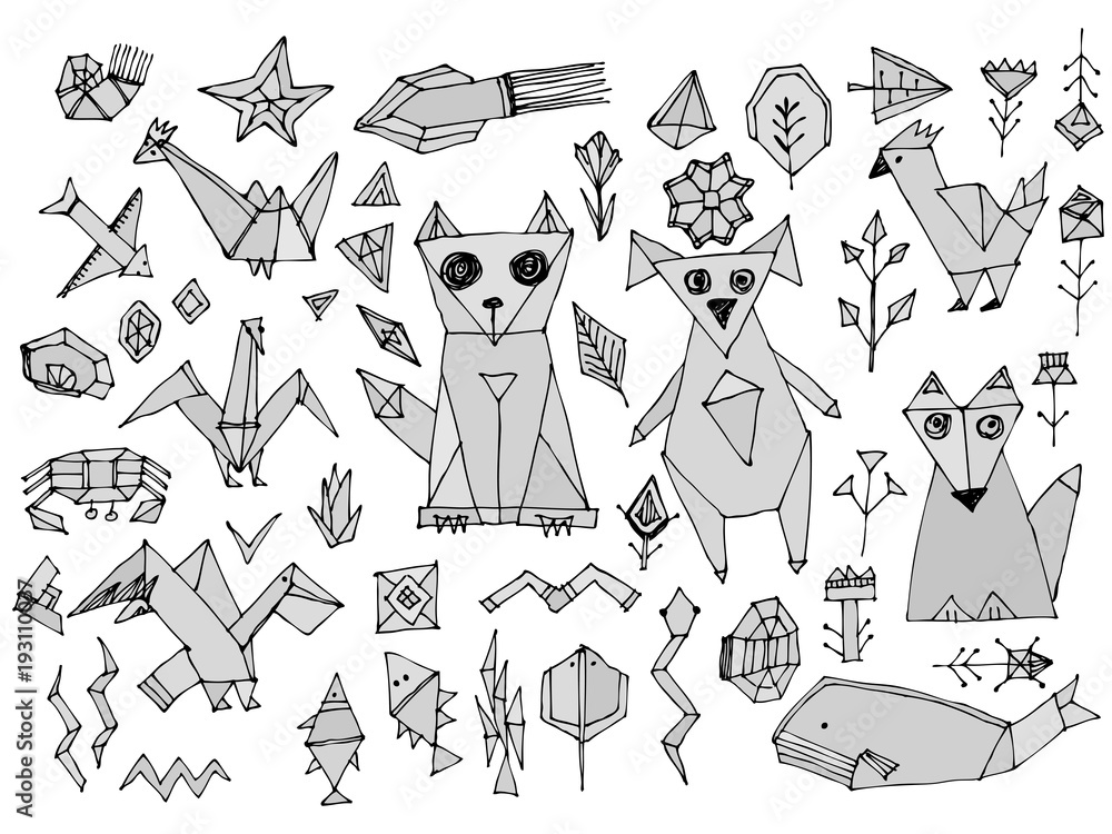 Grey Dog cat fox fish birds sea animals and plants, Black outline isolated  on white background, doodle decorative contemporary elements Stylized  origami. Vector Stock Vector | Adobe Stock